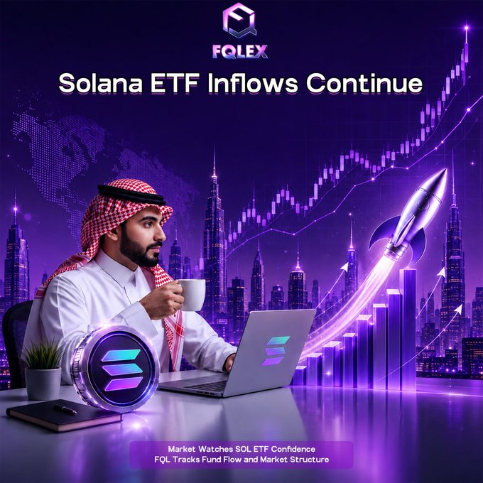 A man in traditional Saudi attire sips coffee while working on a laptop displaying the Solana logo, set against a purple cityscape with upward-trending charts and a rocket symbol. The image promotes the headline "Solana ETF Inflows Continue" from FQLEX, with the bottom banner noting "Market Watches SOL ETF Confidence" and "FQL Tracks Fund Flow and Market Structure," reinforcing the post's message about ongoing Solana Spot ETF inflows.