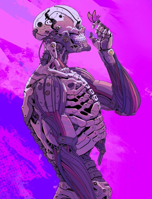 A purple-toned illustration of a skeletal robotic figure holding a small pink butterfly, set against a vibrant purple and blue background.