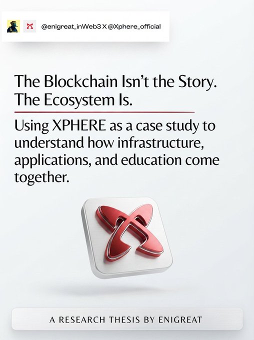 A promotional graphic titled 'The Blockchain Isn't the Story. The Ecosystem Is.' by @enigre_at, discussing XPHERE as a case study for infrastructure, applications, and education, with the text 'A RESEARCH THESIS BY ENIGREAT' at the bottom.