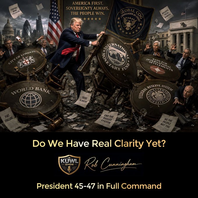 A dramatic political illustration shows a figure resembling Donald Trump in a suit with a red sash, standing amid broken drums labeled "World Bank," "Federal Reserve," "International Monetary Fund," "City of London," and "BIS Bank for International Settlements," with banners reading "America First, Sovereignty Always, The People Win," "Central Bank Delusion," "Globalist Cabal," and "Global Cog Commander-in-Chief." Below the scene, text reads "Do We Have Real Clarity Yet?" and "President 45-47 in Full Command," credited to "Rob Cunningham" on the KUWL Show.

The image reinforces the post's theme of institutional resistance to digital assets, visually depicting the dismantling of central banking and globalist institutions—aligning with the discussion of regulators demanding legislative "clarity" before engaging with crypto.