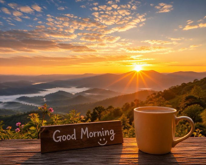 The image features a wooden sign that reads "Good Morning!" placed next to a cup of coffee, both sitting on a table overlooking a beautiful mountain landscape with a sunrise or sunset behind them. The scene suggests a serene morning setting where someone is enjoying their coffee and taking in the stunning view.