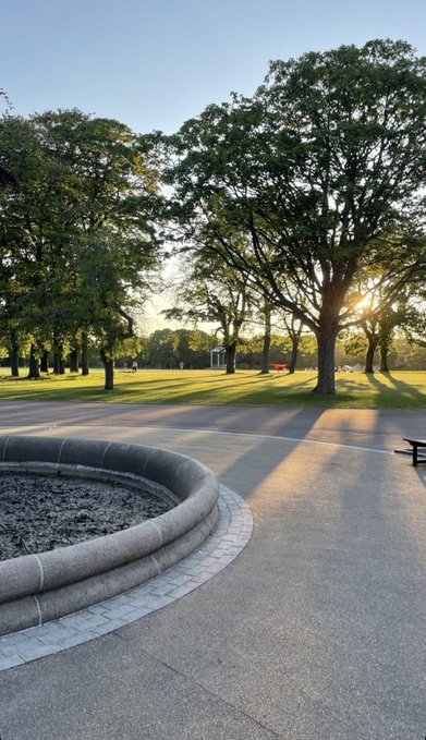 A peaceful park scene at sunset featuring a large tree, a curved stone planter, and a grassy field.