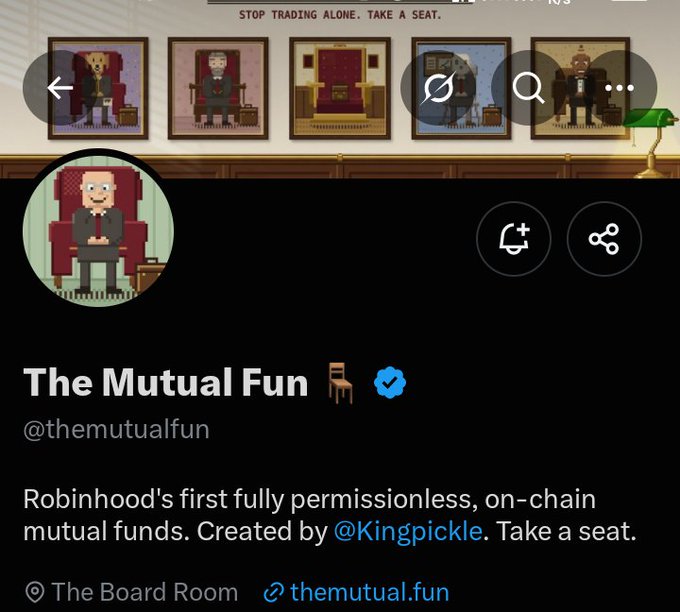 A Twitter/X profile screenshot of 'The Mutual Fun' (@themutualfun) featuring pixel art profile pictures, with the description 'Robinhood's first fully permissionless, on-chain mutual funds. Created by @Kingpickle. Take a seat.'