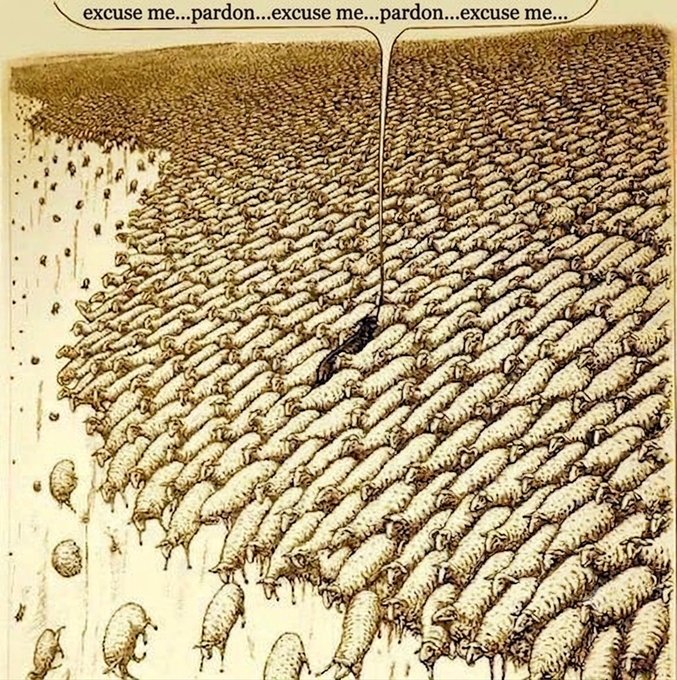 An illustration showing a massive crowd of identical people moving in unison, with one individual squeezing through saying 'excuse me...pardon...excuse me...pardon...excuse me...'