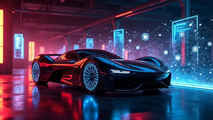 A futuristic black sports car in a cyberpunk-style garage illuminated by neon pink and blue lights, with glowing digital panels and particle effects in the background.