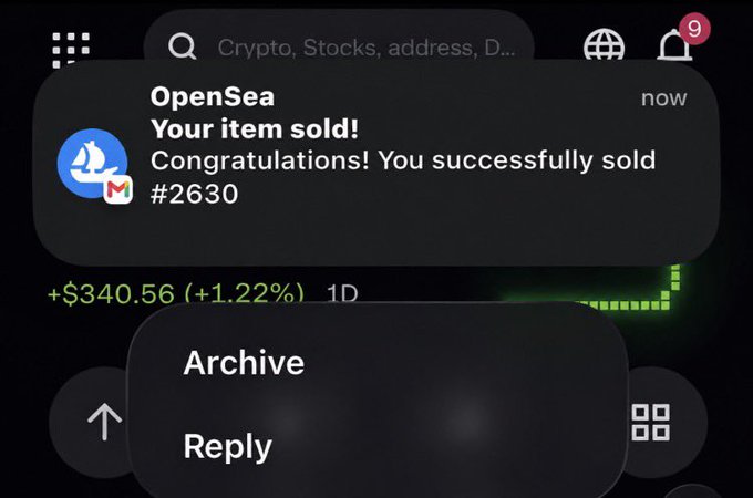 A mobile notification screenshot from OpenSea announcing 'Your item sold! Congratulations! You successfully sold #2630', with menu options to Archive or Reply.