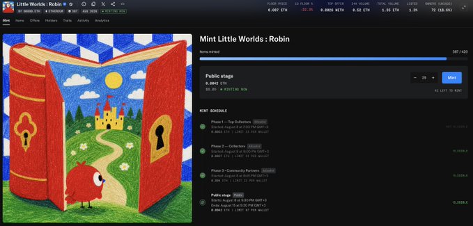 A NFT mint page for 'Little Worlds : Robin' on the XRP NFT marketplace showing public mint details, schedule phases, and token statistics.
