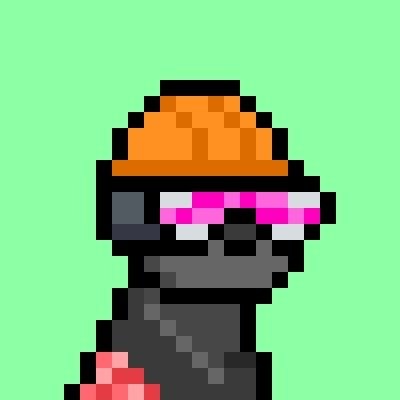 A pixel art character wearing a pink headband, orange hard hat, and sunglasses is shown against a green background. The image relates to the post as it depicts a "Doginal Dog" - a meme character often used in the Dogecoin community to represent holders who remain loyal and don't give up during market downturns.