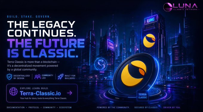 The image features a poster for a cryptocurrency called LunaClassic that promotes decentralization and the future being classic. The poster includes a cityscape with buildings at night, symbolizing the digital world of cryptocurrencies. The text on the poster emphasizes the importance of community involvement in shaping the future of Terra Classic.