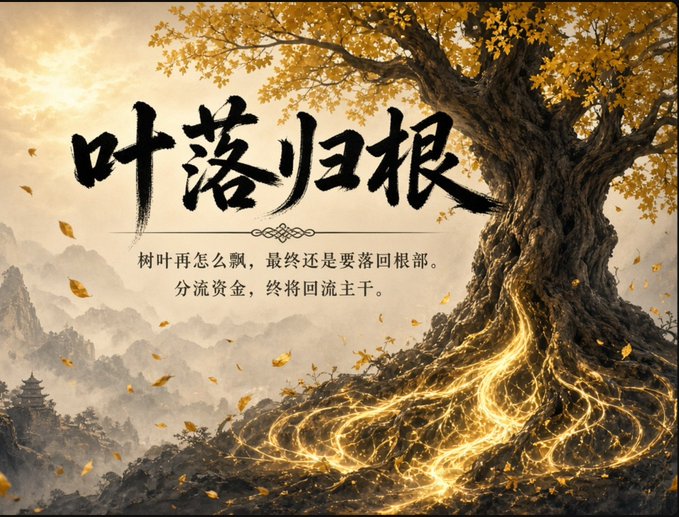 An artistic image featuring a large tree with golden leaves and Chinese text '叶落归根' along with a poetic translation about leaves returning to roots.