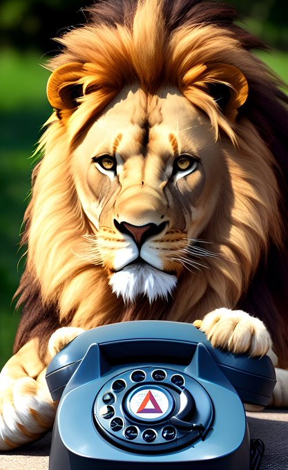 A majestic lion with a flowing golden mane rests its paws on a vintage blue rotary dial telephone, staring intensely at the viewer.