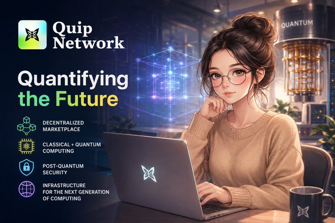 The image is a promotional graphic for Quip Network featuring a young woman with dark hair and glasses working on a laptop in a futuristic setting with a quantum computer visible behind her. The graphic displays the text "Quantifying the Future" alongside the Quip Network logo, with bullet points highlighting "Decentralized Marketplace," "Classical + Quantum Computing," "Post-Quantum Security," and "Infrastructure for the Next Generation of Computing," visually reinforcing the post's message about Quip Network's role in bridging classical and quantum computing through blockchain infrastructure.