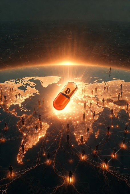 An artistic rendering of a glowing Bitcoin capsule floating above a world map covered in illuminated human figures connected by light lines, symbolizing a global network.