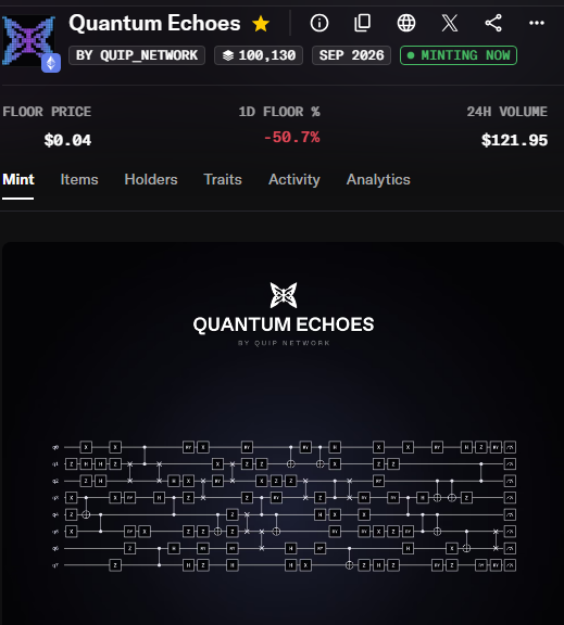 A screenshot of the Quantum Echoes NFT project page by QUIP_NETWORK, displaying a floor price of $0.04, a 1D floor change of -50.7%, a 24H volume of $121.95, and a 'MINTING NOW' status with an inscribed metadata grid.
