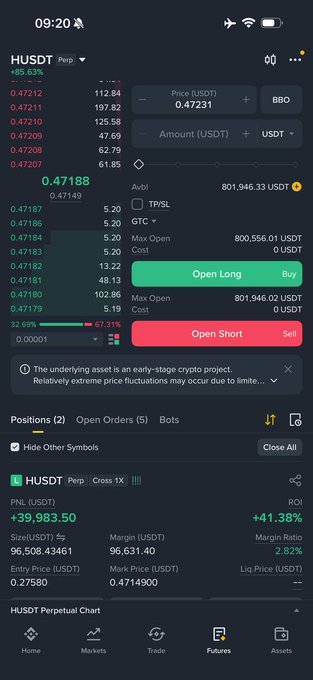 The image shows a phone screen displaying a trading app with various stock information and options. The main focus of the image is a green bar chart that displays the price of Bitcoin over time. The text in the image suggests that there are multiple stocks available for trading, including HUSDT (H cryptocurrency) and USDT (US dollar). The post also mentions that the user should consider taking profits from these options.