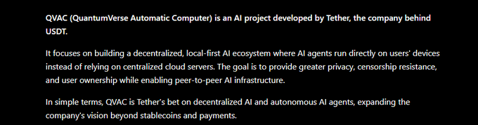 The image contains text explaining that QVAC (QuantumVerse Automatic Computer) is Tether's decentralized, local-first AI project focused on running AI agents directly on user devices for enhanced privacy and peer-to-peer infrastructure. The accompanying post references a blockchain address (0x364db38d54ccc3abc80931e6c2a4aecc93545971), which likely relates to an on-chain transaction or wallet associated with Tether's QVAC initiative.
