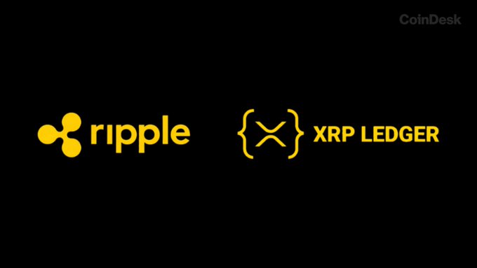 The image features two logos - one yellow and one black. The yellow logo displays a pair of arrows pointing towards each other, while the black logo has "RIPPLE" written above it and "XRP Ledger" below it. The text on the image reads "INSIGHT: @Ripple launches a developer toolkit for building agentic payment apps on the XRP Ledger, with support for autonomous AI transactions using $XRP and $RLUSD".
