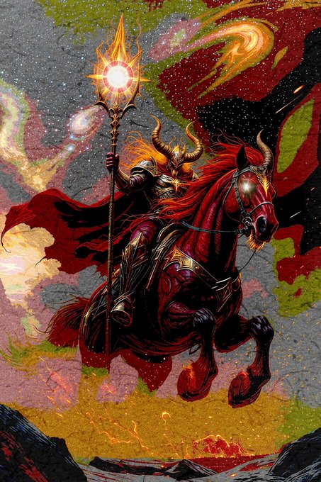 A fantasy illustration depicts a horned warrior with blonde hair riding a red horse, holding a glowing staff with a sun motif against a cosmic, colorful background.