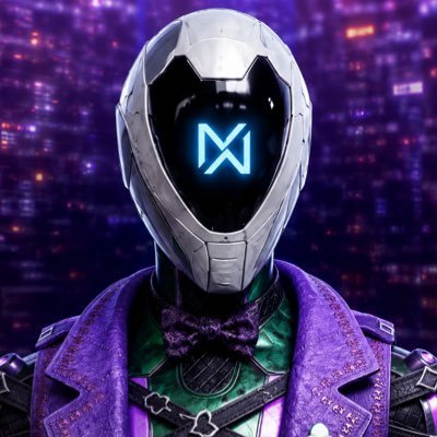 A futuristic cyborg or robot figure in a purple coat and green vest with a bow tie, featuring a digital 'M' symbol glowing on its face screen.