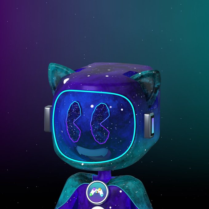3D-rendered cat-like robot character with a galaxy/cosmic pattern body and glowing neon blue eyes, set against a starry purple and teal background.