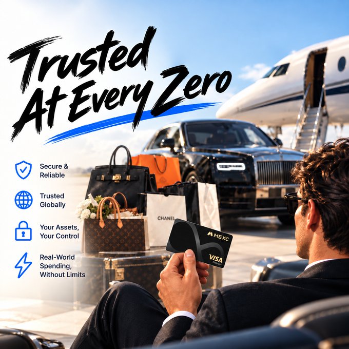 A man holds an MEXC Visa card on a private tarmac beside a luxury SUV, private jet, and high-end shopping bags (including Chanel and Louis Vuitton), under the headline "Trusted At Every Zero" with icons highlighting Secure & Reliable, Trusted Globally, Your Assets Your Control, and Real-World Spending Without Limits—visually reinforcing the post's message that MEXC Card handles both everyday purchases and extraordinary, high-value spending seamlessly.