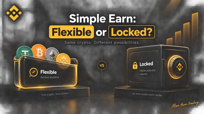 A Binance cryptocurrency advertisement titled 'Simple Earn: Flexible or Locked?' comparing two crypto savings options with the tagline 'Same crypto. Different possibilities' and 'More than trading'.