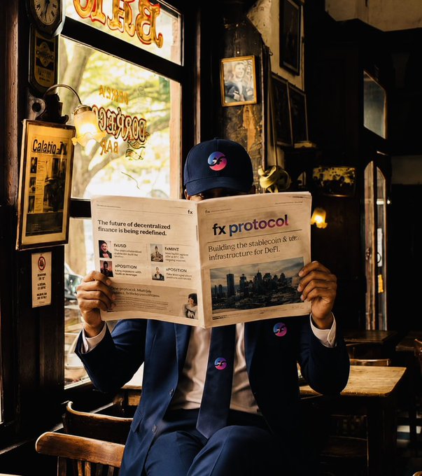 A person wearing a cap reading a newspaper featuring fx protocol advertisements with headlines about decentralized finance being redefined.