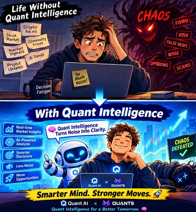 A promotional graphic contrasts 'Life Without Quant Intelligence' (showing chaos with FOMO, risk, and noise) to 'With Quant Intelligence' (showing clarity and smarter decisions), promoting Quant AI and QUANTS.