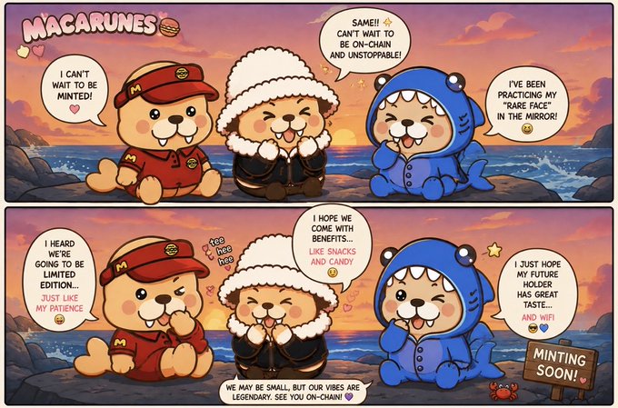 A cute cartoon comic titled 'MACARUNES' features three beaver characters (in red, black, and blue outfits) on a beach at sunset with speech bubbles discussing minting, on-chain benefits, and a 'MINTING SOON!' sign.