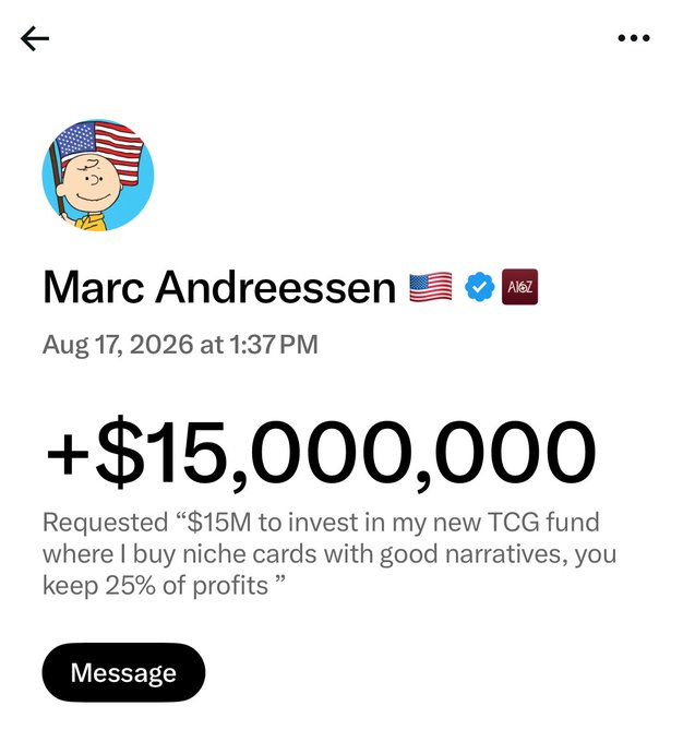 A profile page for Marc Andreessen dated Aug 17, 2026 displays '+$15,000,000' with text reading 'Requested "$15M to invest in my new TCG fund where I buy niche cards with good narratives, you keep 25% of profits".'