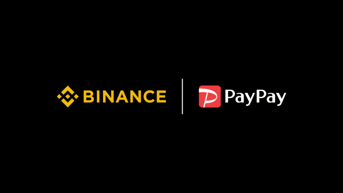The image displays the logos of Binance and PayPay side by side on a black background, representing a new partnership that allows overseas Binance Pay users to spend crypto at PayPay merchants throughout Japan.