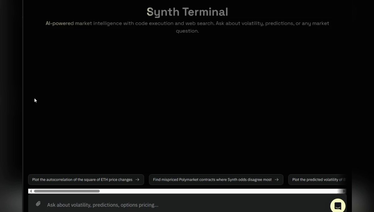 The image shows a computer screen with an open page about Synth Terminal. The screen displays a webpage with various information presented in white text against a black background. There are multiple tabs in different sizes, suggesting that this may be a complex or multi-faceted website. The post reads "Traders have spent years trying to guess one single direction the price will move @SynthdataCo takes the opposite approach It' s a decentralized probabilistic forecasting network on @bittensor Instead of a single price target, you get a complete probability distribution". This message is centered around Synth Terminal and focuses on the differences between traditional trading methods and an innovative, probabilistic trading platform.