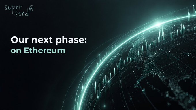 A dark promotional graphic features the "super seed" logo in the top left corner, with the bold white text "Our next phase:" followed by "on Ethereum" in teal, set against a futuristic glowing teal sphere composed of light particles and grid lines, visually reinforcing the announcement of Superseed's transition to the Ethereum blockchain and the sunsetting of its L2 chain.