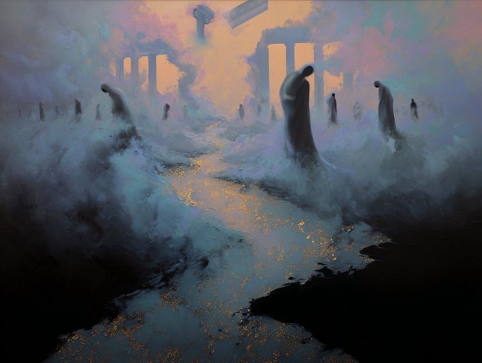 A moody, painterly digital artwork depicting ghostly hooded figures standing among foggy ruins with a glowing orange sunset sky and golden-reflective water in the foreground.