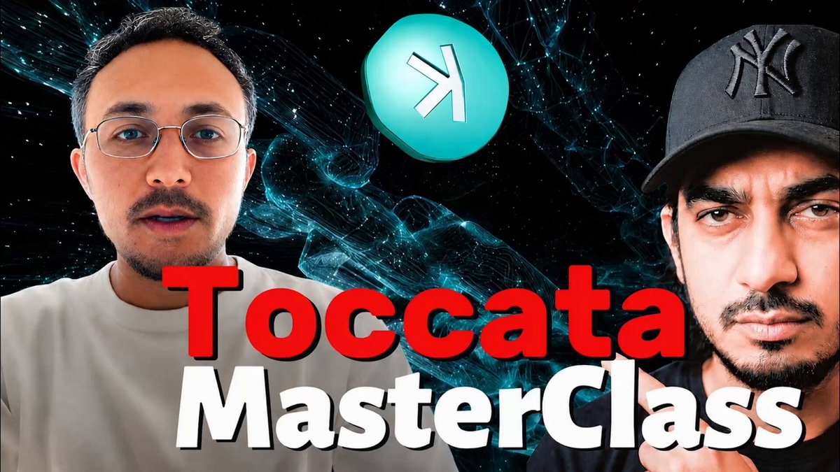 The image features two men wearing baseball caps, with one man's face partially visible behind a red banner that reads "Toccata MasterClass" and another man's face partially visible above the banner. The background of the image is black, which contrasts with the white text on the banner. The caption below the banner states that the post is about Kaspa Programmability MasterClass: Covenants & SilverScript.