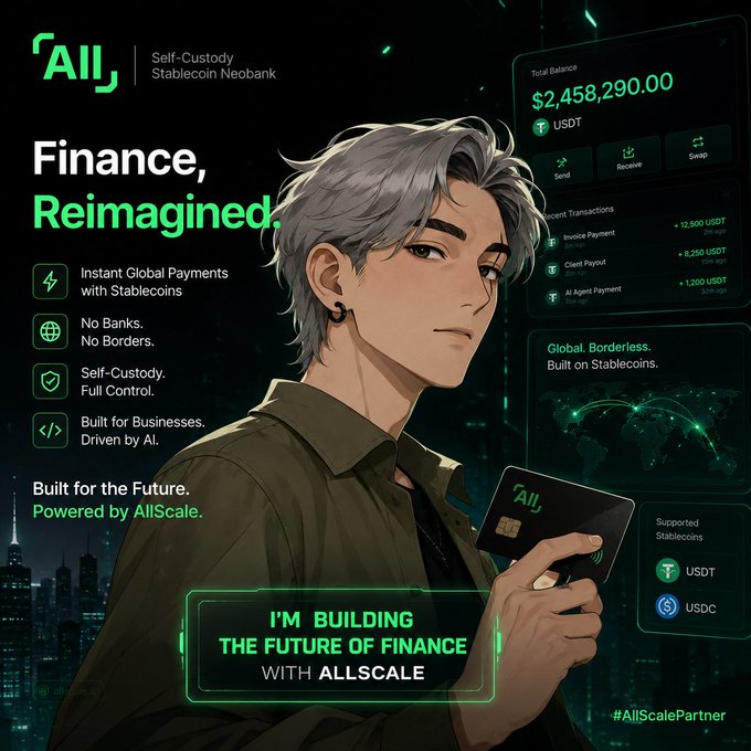 This is an advertisement for financial management platform All, featuring the tagline "Finance, Reimagined." Prominent elements include a price of $2,458,290.00 USD and a description of services like instant global payments, no borders, and full control. The post you mentioned emphasizes the challenges of cross-border payments for businesses, highlighting that All's tools settle in USDT/USDC instead of traditional currencies. The image of a young Asian man holding an "All" branded card aligns with the platform's mission to streamline financial transactions across borders. Both the ad and the post suggest a move towards more efficient financial instruments, offering solutions that cater to the needs of future businesses in a global economy.