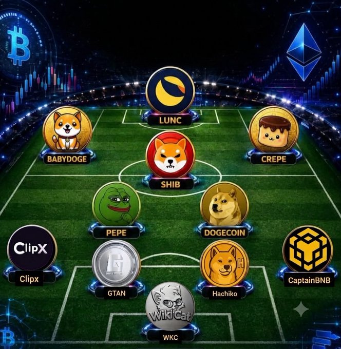 The image displays a cryptocurrency-themed soccer lineup on a stadium field, featuring meme coins arranged in a formation with LUNC at the top, followed by BABYDOGE, CREPE, SHIB, PEPE, and DOGECOIN in the midfield, and ClipX, GTAN, WKC, Hachiko, and CaptainBNB positioned as defenders and goalkeeper, matching the eleven tokens highlighted in the post.