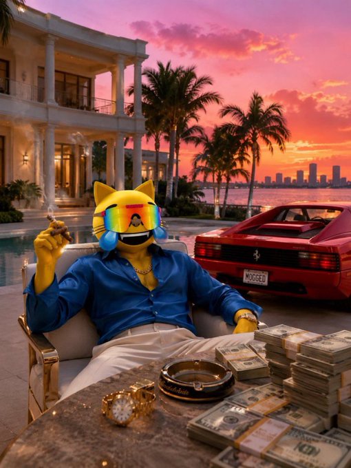 An AI-generated image of an anthropomorphic cat wearing reflective sunglasses and a blue shirt, lounging by a pool at sunset with stacks of cash and a red Ferrari in the background.