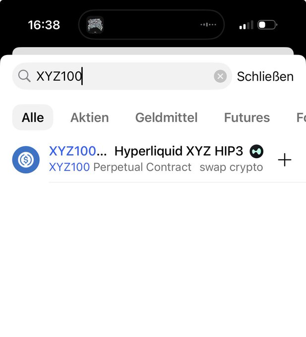 Mobile trading app search screen in German showing 'XYZ100' typed in the search bar, displaying 'Hyperliquid XYZ HIP3' as a perpetual contract option to swap crypto.
