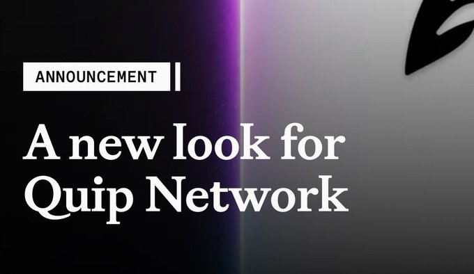 The image features a black background with white text that reads "Announcement A new look for Quip network". The text is written in a serif font, which gives it a formal appearance. The image also includes an arrow pointing towards the bottom right corner of the screen, possibly indicating the direction to the Quip network or a related topic.