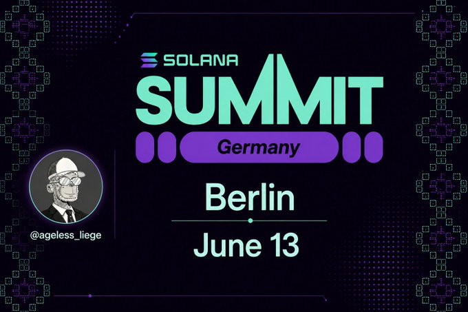 The image features a poster with a cartoon monkey wearing glasses, standing against a black background. The text on the poster reads "Berlin June 13" and "Solana Summit Germany", indicating that an event related to the Solana Summit will take place in Berlin, Germany at the scheduled date.