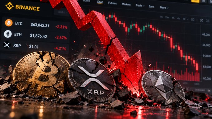 A Binance trading interface showing BTC at $63,842.31 (-2.31%), ETH at $1,876.42 (-3.67%), and XRP at $1.01 (-4.21%), with a large red downward arrow and broken crypto coins in the foreground.