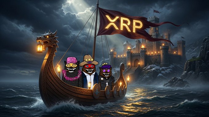 Three anthropomorphic XRP characters wearing hats and sunglasses sail a Viking ship flying a large "XRP" banner through stormy seas toward a castle on a cliff.