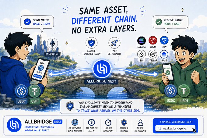 An illustrated advertisement for 'ALLBRIDGE NEXT' promoting cross-chain transfers of USDC and USDT between networks including Ethereum, Solana, Tron, TON, SUI, Stellar, and BASE with the tagline 'SAME ASSET, DIFFERENT CHAIN. NO EXTRA LAYERS.'