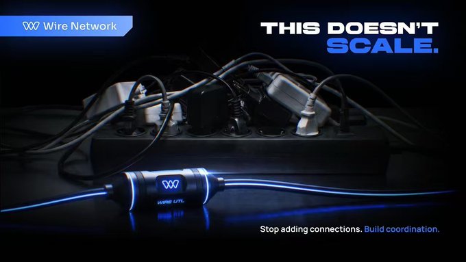 The image shows a chaotic power strip overflowing with tangled, uncoordinated cables, contrasted with a sleek Wire Network (WIRE LCTL) device emitting glowing blue lines, with the headline "THIS DOESN'T SCALE" and tagline "Stop adding connections. Build coordination." The visual metaphor illustrates how ad-hoc, messy cross-chain connections create unpredictable outcomes—the same way overloading a power strip creates tangled, unreliable power flow—reinforcing the post's point about cross-chain transactions becoming stuck or lost without proper coordination and structured pathways.
