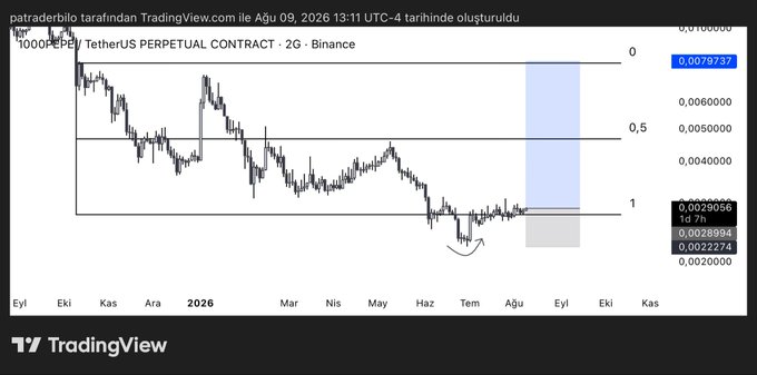 A TradingView chart of PEPEUSDT (1000PEPE TetherUS Perpetual Contract on Binance) shows the price accumulated around the 1 Fibonacci level (~0.0029) over a 26-month timeframe ending August 2026, with a highlighted resistance line near 0.00797 supporting the user's claim of long-term accumulation at a key retracement level.