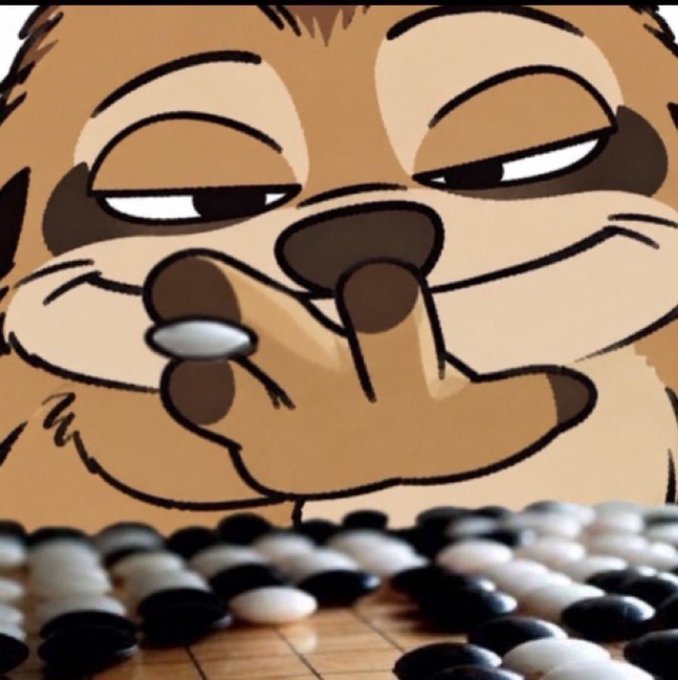 A close-up cartoon illustration of a brown otter character looking intently with half-closed eyes, placing a black and white Go stone on a board.