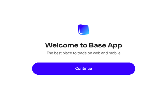 The image shows the welcome screen for Base App, featuring a blue gradient logo and a purple "Continue" button, with the tagline "The best place to trade on web and mobile." This directly illustrates the announcement of Base App's desktop launch, highlighting its unified web and mobile trading experience now accessible at base.app.