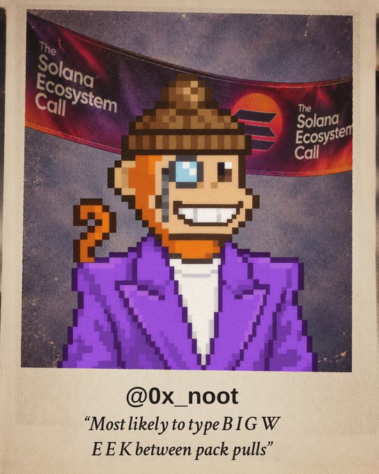 A pixel art NFT-style image of a character with a purple coat, hat, and glowing eye, captioned '@0x_noot' with the quote 'Most likely to type BIG WEEK between pack pulls' against a backdrop reading 'The Solana Ecosystem Call'.