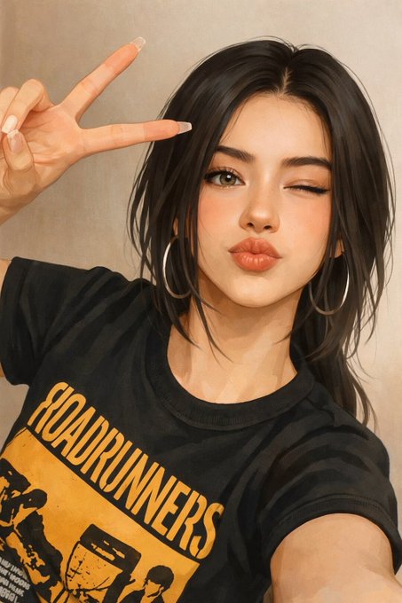 The image features a woman with long hair wearing a black t-shirt that says "Roadrunners" on it, making her appear as if she's posing for a photo or selfie. The background of the image is white, which contrasts nicely with the black t-shirt and makes the woman stand out more. The caption to the image reads: "Good Evening Let’s go again @quipnetwork @useTria @TheARCTERMINAL".